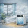 alt="梅雨の曇り空の下、室内に湿気が漂い除湿機が動いているが湿度が下がらない部屋のイラスト"