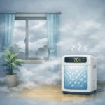 alt="梅雨の曇り空の下、室内に湿気が漂い除湿機が動いているが湿度が下がらない部屋のイラスト"