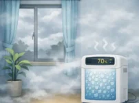 alt="梅雨の曇り空の下、室内に湿気が漂い除湿機が動いているが湿度が下がらない部屋のイラスト"