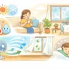 alt="家の空気を快適にする4つの要素（温度・湿度・空気の流れ・きれいさ）をやさしいタッチで描いたイラスト。"