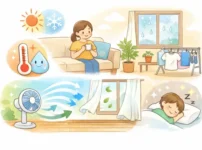 alt="家の空気を快適にする4つの要素（温度・湿度・空気の流れ・きれいさ）をやさしいタッチで描いたイラスト。"