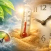 alt="湿度・温度・時間の関係を象徴するイメージ。左に露をまとった葉と湿度計、中央に温度計、右に時計と砂時計が並ぶ構図"