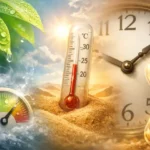 alt="湿度・温度・時間の関係を象徴するイメージ。左に露をまとった葉と湿度計、中央に温度計、右に時計と砂時計が並ぶ構図"