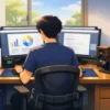 alt="集中力を高める環境改善デスクのアニメ調イラスト。昼白色のディスプレイライトが照らすデュアルモニター環境で、正しい姿勢の人物が作業中。空気清浄機やWi‑Fiルーターが配置された清潔で快適なワークスペース。"