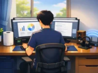 alt="集中力を高める環境改善デスクのアニメ調イラスト。昼白色のディスプレイライトが照らすデュアルモニター環境で、正しい姿勢の人物が作業中。空気清浄機やWi‑Fiルーターが配置された清潔で快適なワークスペース。"