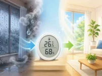 alt="梅雨のジメジメした湿気の部屋が、湿度計を使った湿度管理で快適な室内環境へ改善される様子を示すイメージ"