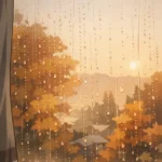 alt="秋の朝、結露した窓越しに見える紅葉の街並み。湿った空気と朝の光がやさしく差し込む様子。"
