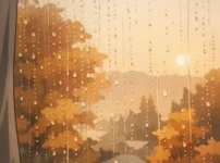 alt="秋の朝、結露した窓越しに見える紅葉の街並み。湿った空気と朝の光がやさしく差し込む様子。"
