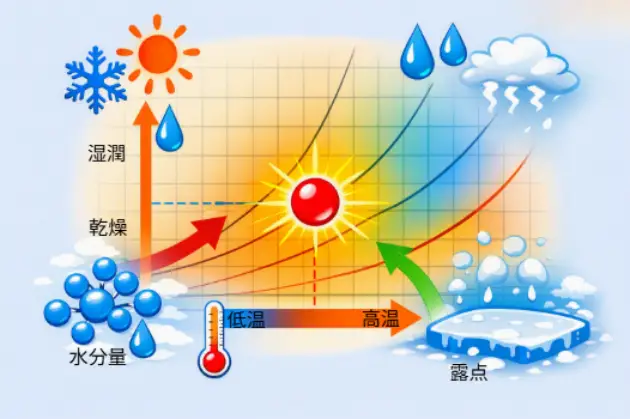 alt="温度・湿度・水分量・露点をまとめて見るための空気線図をイメージ化した図。中央の点が空気の状態を表している"