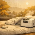 alt="秋の朝、結露した窓のそばで布団乾燥機が温風を送っている様子。落ち着いた寝室の雰囲気を描いたミニマルアニメ風イラスト。"