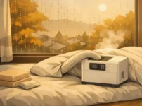 alt="秋の朝、結露した窓のそばで布団乾燥機が温風を送っている様子。落ち着いた寝室の雰囲気を描いたミニマルアニメ風イラスト。"