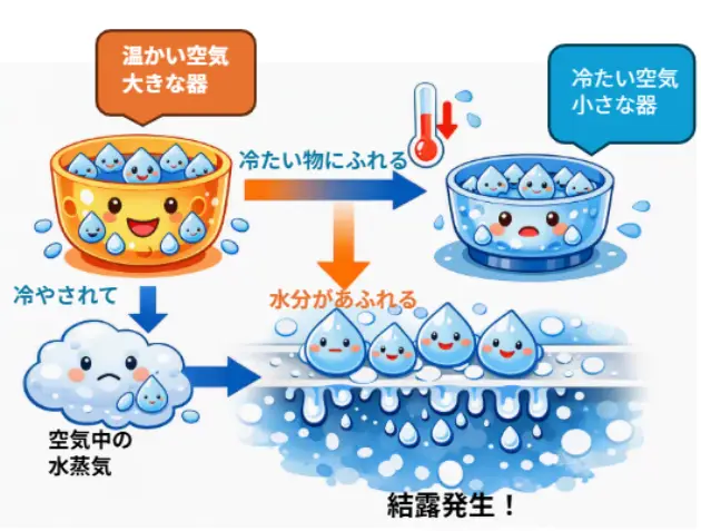 alt="暖かい空気の器が冷やされて小さな器になり、水分があふれて水滴になる結露のしくみを示したイラスト"