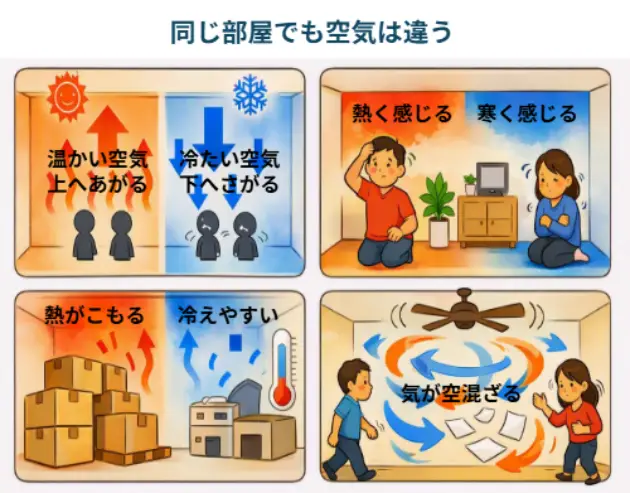 alt="空気の状態の違いを示す図。暖かい空気が上昇し冷たい空気が下降する様子、部屋内の温度ムラ、倉庫内の熱と冷気の分布、天井ファンによる空気の撹拌を4つの場面で表現。"