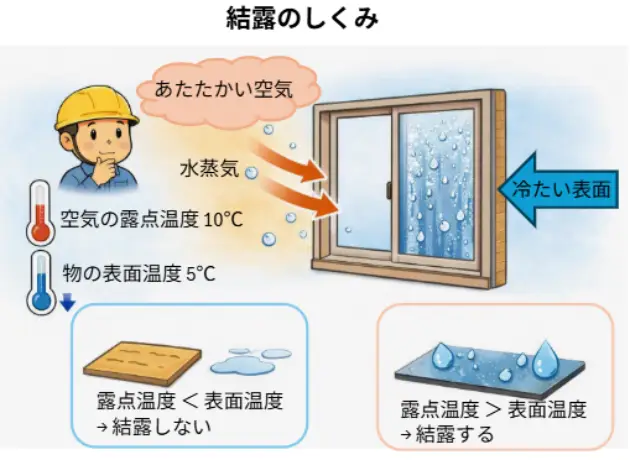 alt="結露のしくみを説明する図。あたたかい空気と水蒸気が窓に向かって流れ、冷たい表面で水滴がつく様子を示している。空気の露点温度10℃と物の表面温度5℃の比較が描かれ、露点温度と表面温度の大小関係によって結露する/しないを説明する構成。"