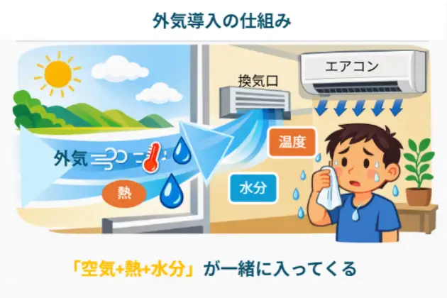 alt="外気が換気口から室内へ流れ込み、熱・水分を運んでくる様子を示した図。屋外の太陽と雲、室内のエアコン、汗をかく人物が描かれている。"
