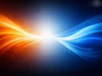 alt="熱の流れと温度差を表す抽象イメージ。赤と青のエネルギーが中央で交わり、熱移動と空気の動きを象徴する光のグラデーション。"