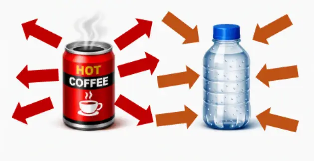 alt="赤いコーヒー缶と青いキャップのペットボトルが並んだ熱の比較イメージ。左は湯気の立つホットコーヒー缶、右は結露した冷たいペットボトル。"