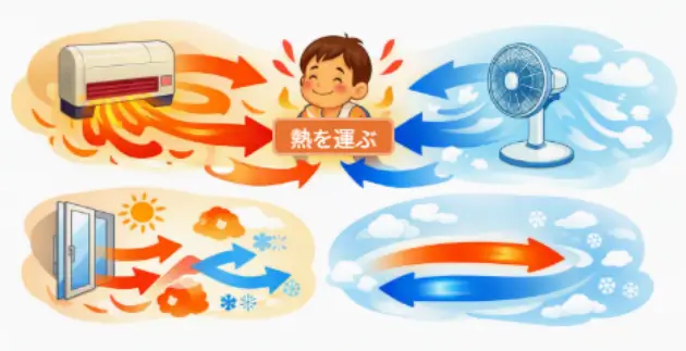 alt="暖房・扇風機・換気による空気の流れで熱が運ばれる様子を示すイラスト。赤い矢印が温かい空気、青い矢印が冷たい空気を表し、空気の動きによって熱が移動することを表現している。"