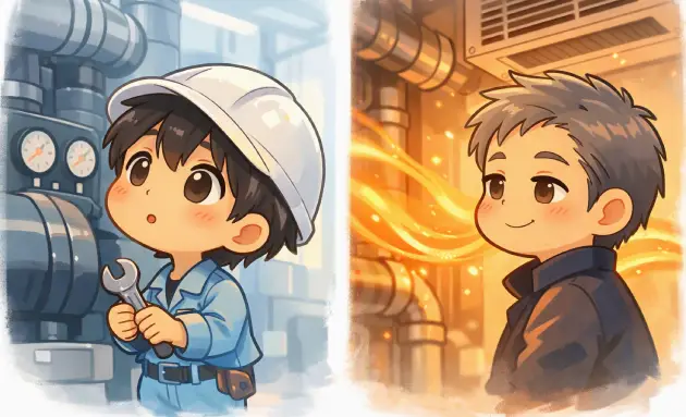 alt="新人が設備を見つめ、ベテランが熱の流れを感じ取る様子を描いたアニメ風イラスト。冷水配管や空調設備を背景に、視点の違いを表現。"