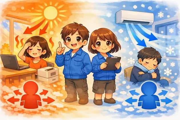 alt="暖房と冷房の環境を左右に描いたイラスト。中央の技術者が空調の仕組みを説明し、左は暑さ、右は寒さを表現した4頭身のかわいらしいキャラクター。"